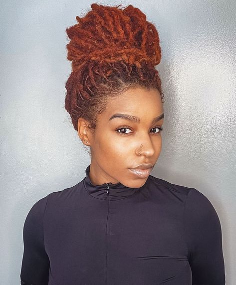 Loc High Bun, Locs High Bun, Loc Bangs And Bun, Bun Loc Styles For Women, Petal Bun Locs With Bangs, Loc Bun, Celebrities With Locs, High Bun, Loc Journey Memes