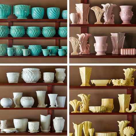 Take a Look at Martha's Impressive McCoy Pottery Collection Mccoy Pottery Planter, California Pottery Vintage, Vintage Pottery Display, Pastel Pottery, Devils On Horseback, Mccoy Pottery Vases, Vintage Pottery Planters, Pottery Display, Buy My House