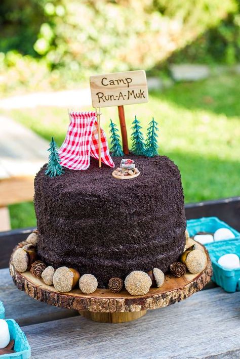 Camping / Summer Camp Birthday Party Ideas | Photo 1 of 47 | Catch My Party Camp Birthday Party Ideas, Summer Camp Birthday Party, Camp Birthday Party, Camp Birthday, Campfire Party, Camping Cakes, Camping Theme Birthday, Glamping Birthday, Dessert Oreo