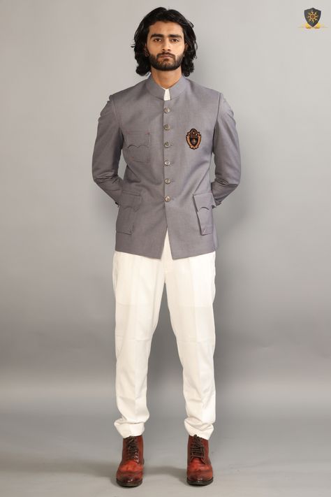 Grey Jodhpuri Bandhgala With Zardozi Embroidered Patch | White Trouser | Mens Traditional Wear, Groom Dress Men, Fashion Models Men, Indian Men, Dress Men, Wedding Outfit Men, Indian Men Fashion, Dress Suits For Men, Indian Man