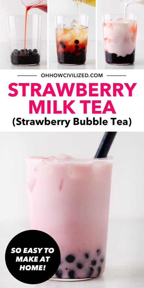 Strawberry Milk Tea Recipe, Bubble Tea Strawberry, Strawberry Bubble Tea, Strawberry Milk Tea, Strawberry Boba, Boba Tea Recipe, Boba Recipe, Bubble Tea Recipe, Milk Tea Recipes