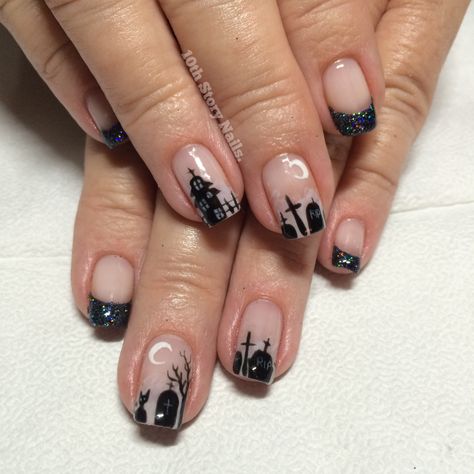 Cemetery Nail Art, Tombstone Nail Art, Gravestone Nails, Graveyard Nail Art, Cemetery Nails, Graveyard Nails, Halloween Cemetery, Cartoon Nails, Nail Designs Pictures