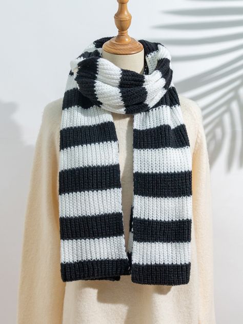 Black and White Casual Collar  Worsted Striped Scarf Embellished   Women Accessories White Scarf Outfit, Black And White Scarf, Cute Scarfs, Scarf Outfit, Striped Scarf, Pattern Scarf, Scarf Knitting Patterns, Striped Scarves, Scarf Crochet Pattern