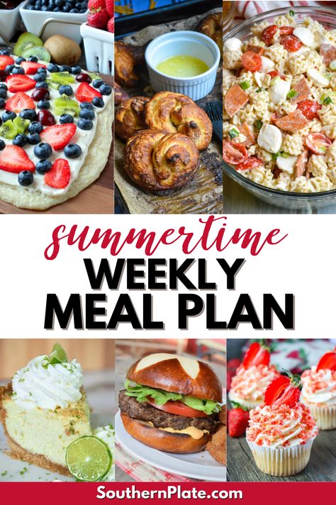 The best Summertime Weekly Meal Plan to help you put delicious and easy-to-make meals on the table for the family. Filled with recipe ideas for dinner, lunch, breakfast, and of course summer dessert too. Recipe Ideas For Dinner, Weekly Meal Plan Family, Banana Bread French Toast, Bread French Toast, Macro Meal Plan, Blueberry Jam Recipe, Plate Recipes, Ideas For Dinner, Southern Plate