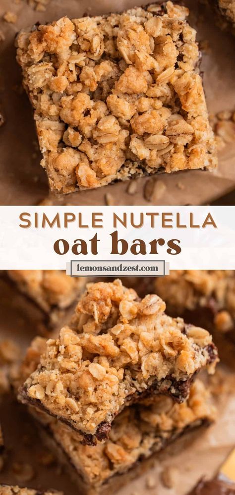 A thick and rich layer of Nutella between buttery rich oats makes these Nutella Oatmeal Bars the perfect treat for the party. You only need one bowl and about 10 minutes to whip these crumble bars up! A simple recipe to bake up in no time! Nutella Baking Recipes, Dessert Recipes With Oats, Nutella Dessert Recipe, 8x8 Desserts, Chewy Squares, Nutella Baking, Recipes With Nutella, Nutella Oatmeal, Dairy Free Nutella