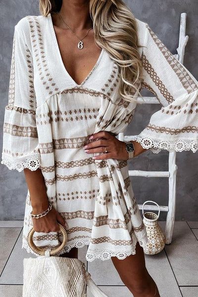 Lace Beach Dress, Stitching Dresses, Boho Mini Dress, Full Dress, V Neck Midi Dress, Long Sleeve Print Dress, Khaki Dress, Lace Hem, Casual Lace