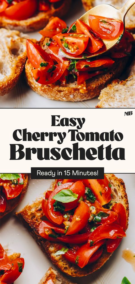 A simple summer appetizer perfect for using up an abundance of fresh cherry tomatoes. Italian-inspired bruschetta ready in just 15 minutes! Cherry Tomato Bruschetta, Summer Appetizers Easy, Grilled Romaine, Tomato Bruschetta, Fresh Cherry, Grilled Bread, Minimalist Baker, Summer Appetizer, Simple Sandwiches