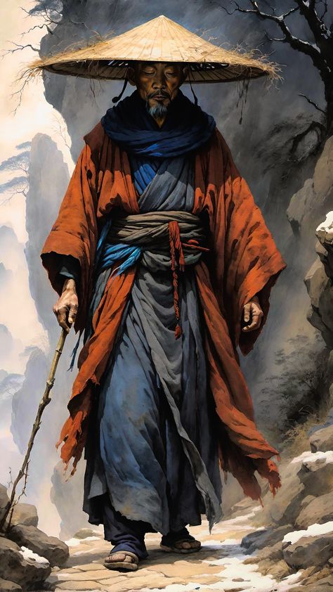 The wandering monk traveled the world, searching for inner peace and spiritual enlightenment. He roamed from village to village, spreading messages of... - Monk Temple Fantasy Art, Drunken Master Monk, Monk Character Art, Dnd Monk, Monk Pictures, Npc Art, Dnd Npc, Woman Authors, Country Music Stars