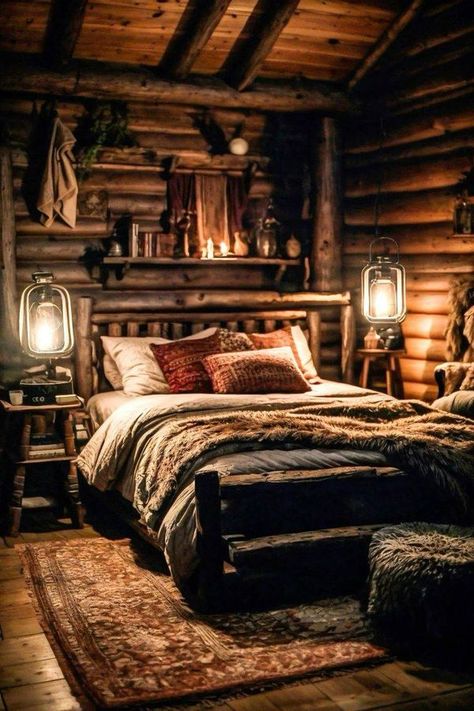 Cozy Log Cabin Bedroom, Log Cabin Bedroom, Comfy Cozy Home, Cabin Room, Cozy Log Cabin, Cabin Bedroom, Dark Home, Wooden Cabins, Western Homes