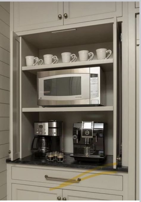 Appliance Garage For Microwave, Kitchen Cabinet Microwave Storage, Oven And Coffee Station, Kitchen Built In Hitch, Coffee Microwave Toaster Station, Coffee Bar And Microwave Station, Coffee And Microwave Cabinet, Microwave Station Ideas, Microwave Coffee Station Cabinet