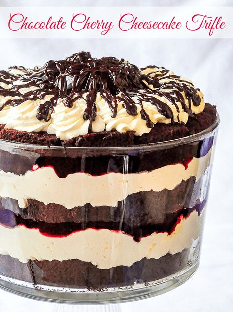 Cherry Cheesecake Trifle, Chocolate Cherry Cheesecake, Cherry Trifle, Trifle Bowl Recipes, Trifle Dessert Recipes, Celebration Desserts, Cheesecake Trifle, Cherry Compote, Blackberry Syrup