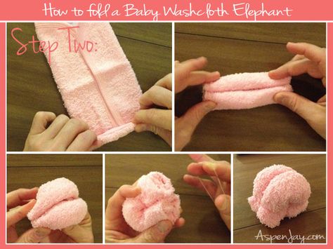 Great tutorial on how to fold a baby wash cloth elephant. This is easy to understand. Washcloth Elephant, Elephant Towel, Washcloth Animals, Washcloth Crafts, Towel Animals, Elephant Baby Shower Theme, Elephant Shower, Folding Origami, How To Fold Towels