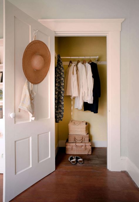 Before & After: A Low-Cost Summer Guest Room Makeover, Cape Cod Edition - Remodelista Painted Closet Interior, Yellow Closet, Charity Begins At Home, Closet Organizer Plans, Greenhouse Kitchen, Cape Cod Modern, Guest Room Makeover, Closet Interior, Closet Spaces