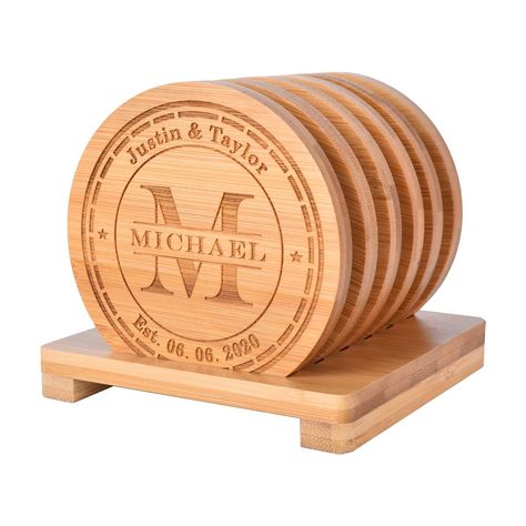 PRICES MAY VARY. HIGH QUAILITY - Made from 100% high quality natural bamboo, its durable & Luxury, color and wood grain is very beautiful. FREE ENGRAVING - We have high-level laser engraving process, you provide customized information, we will make a perfect deeply engraved product for you for free. PRACTICAL - These bamboo coasters will protect your counters and tabletops from liquid, and can be used for any kind of glasses, mugs and cups including coffee cup and drinking glass. GREAT GIFT - Ma Laser Engraving Ideas Projects Metal, Laser Wood Projects, Engraver Ideas, Router Ideas, Bamboo Coasters, Coaster Holders, Engraving Projects, Coasters With Holder, Acrylic Ideas