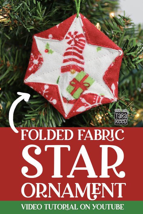 DIY Christmas Ornaments - Folded Fabric Star Ornament Fabric Christmas Ornaments Homemade Easy Diy, Folded Hexagon Ornament, Pentagon Star Ornament, Hexagon Ornaments Christmas, Folded Hexagon Stars, How To Make Fabric Christmas Ornaments, Folded Fabric Ornaments Tutorials, Fabric Stars Ornaments, Fabric Ornaments Diy