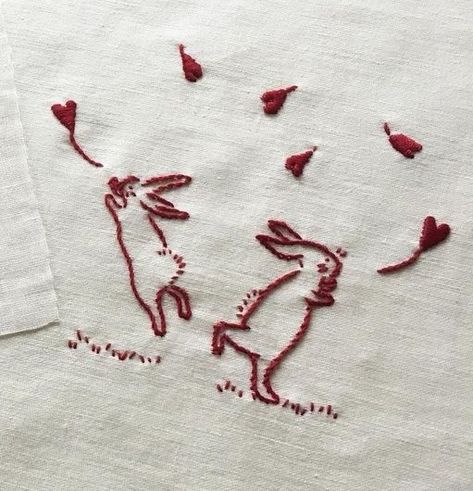 Simple Bunny Embroidery, Embroidery Bunny, Dark Embroidery, Rabbit Embroidery, Embroider Ideas, Embroidered Bunny, Hand Embroidery Patterns Free, Valentine Embroidery, Bunny Embroidery