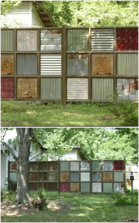 Recycled Metal Fence Decoration Backyard Fence Decor, Diy Garden Fence, Rustic Fence, Cheap Fence, Pallet Fence, Types Of Fences, Steel Fence, Diy Fence, Front Yard Fence