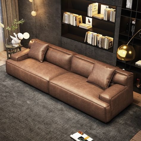 Recessed Arms Couch Leather Upholstered Sofa for Living Room-110.2"W - 110.2" x 28.35" - On Sale - Bed Bath & Beyond - 39764221 Leather Sofa Big, Barbican Leather Sofa, Big Brown Leather Sofa, Bernhardt Brown Leather Sofa, Brown Lesther Sofa, Long Sofa, Playroom Furniture, Sofa Frame, Couch Furniture