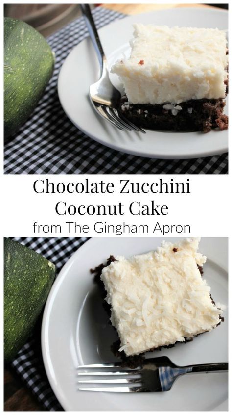 Chocolate Zucchini Coconut Cake- a moist and delicious cake with scrumptious coconut frosting. Superb! Zucchini Sheet Cake, Zucchini Coffee Cake, Zucchini Grilled, Gingham Apron, Chocolate Creations, Spice Garden, Coconut Frosting, Christmas Morning Breakfast, Holiday Favorite Recipes