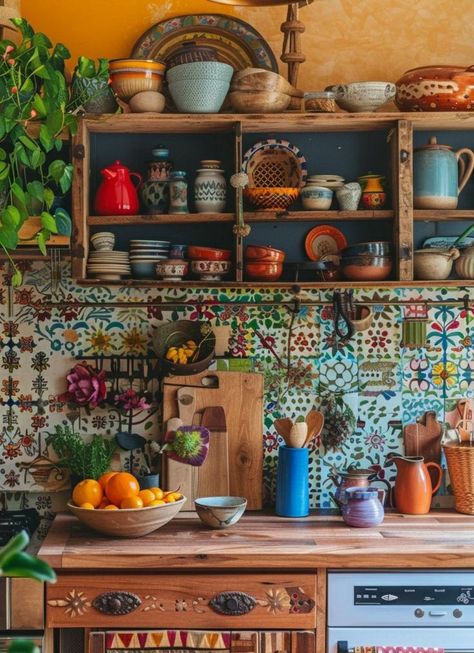 Eclectic Country Home, Eclectic Kitchen Bohemian, Howls Bedroom, Mexican Farmhouse Decor, Eccentric Kitchen, Cottage Lifestyle, Vintage Rooms, Unfitted Kitchen, Cozy Eclectic