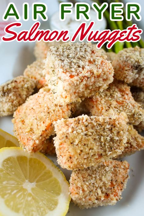 Salmon Nuggets Air Fryer, Quick Tzatziki Sauce, Weight Watchers Salmon, Nuggets Air Fryer, Salmon Nuggets, Greek Tzatziki Sauce, Air Fryer Recipes Salmon, Breaded Salmon, Salmon Bites Recipe