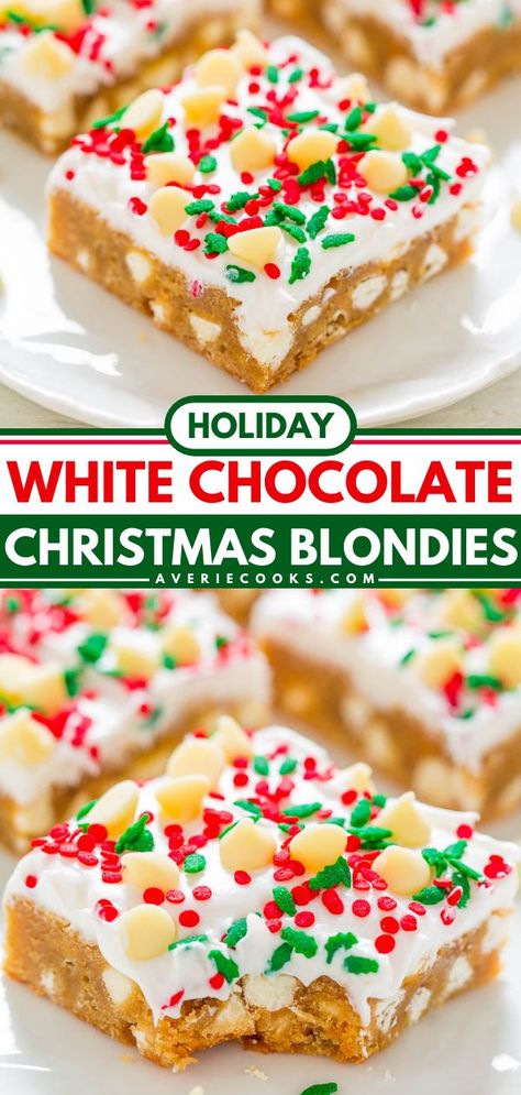 White Chocolate Christmas Blondies with Cream Cheese Frosting, christmas desserts, holiday baking recipes Christmas Blondies, White Chocolate Christmas, Chocolate Blondies, Holiday Baking List, White Chocolate Blondies, Christmas Brownies, Cream Cheese Bars, Favorite Christmas Recipes, Averie Cooks