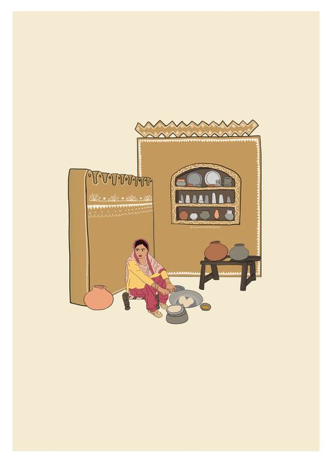 Indian Kitchen Illustration, Punjabi Culture Art, Punjabi Illustration, Traditional Outdoor Kitchen, Making Roti, Punjabi Art, Cook Illustration, Wall Art Indian, Culture Wall