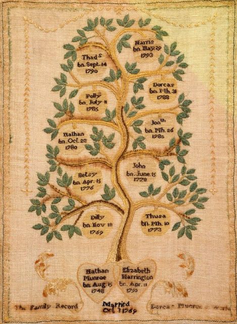 Sampler - Family tree of Dorcas Munroe, ca. 1800 | In the Swan's Shadow Family Tree Embroidery, Family History Crafts, Genealogy Crafts, Embroidery On Linen, Garden Museum, Family Tree Maker, Vintage Samplers, Family Projects, Tree Tapestry