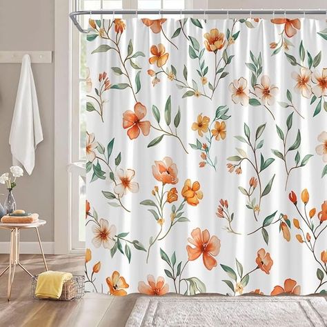 Amazon.com: AMHNF Orange Floral Shower Curtain Watercolor Flower Leaf Rutsic Farmhouse Floral Plant Vintage Nature Bathroom Decor Fabric Curtain with Hooks, 9903AL : Home & Kitchen Nature Bathroom, Natural Bathroom, Floral Shower Curtain, Flower Shower Curtain, Fabric Curtain, Floral Shower Curtains, Flower Leaf, Vintage Nature, Watercolor Flower