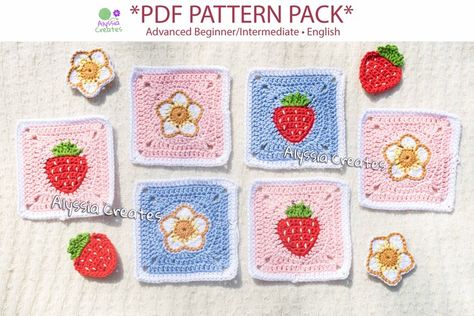 Strawberry Granny Square Pattern, Strawberry Granny Square, Granny Squares Crochet, Squares Crochet, Granny Squares Pattern, Square Patterns, Granny Squares, Pdf Patterns, Half Double Crochet