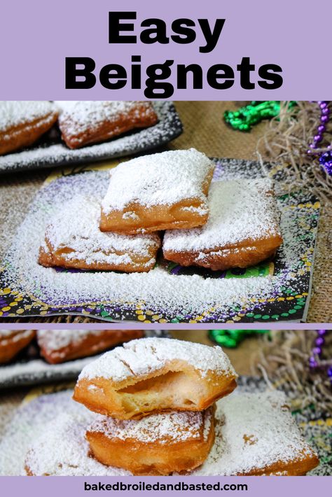 Avoid long lines and make these light and fluffy Easy Beignets at home . They are fried to golden perfection then smothered with powdered sugar. via @Baked Broiled and Basted Pillsbury Beignets, How To Make Beignets At Home, Beignet Recipe Easy Pillsbury, Beignet Recipe Easy, Tiana Beignets, Beignet Recipes, Beignets Disney, Easy Beignet Recipe, Beignets Recipe Easy