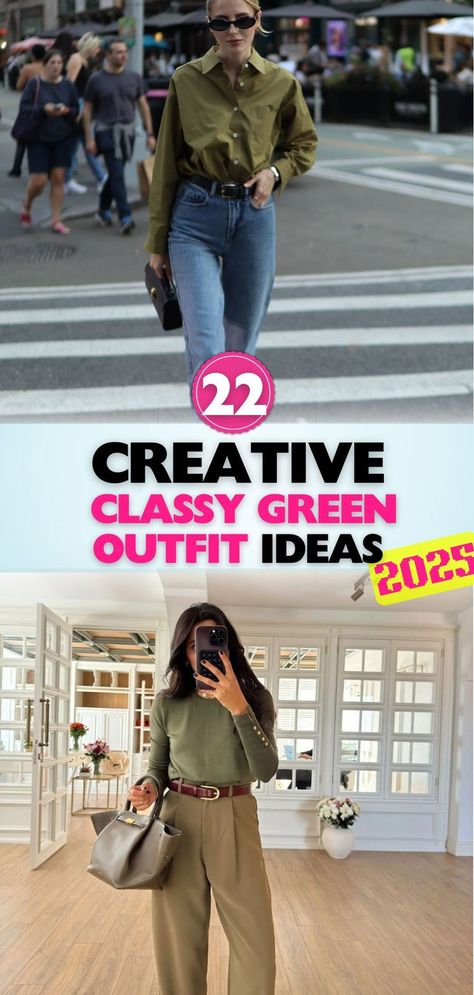 Chic, sophisticated, and versatile: these classy green outfit inspirations are perfect for any season. Find your next go-to look for both casual and formal. Sage Outfits Color Combos, Dark Green Shirt Outfit Women, Green Top Outfit Ideas, Green Shirt Outfits, Green Top Outfit, Green Outfits For Women, Dark Green Shirt, 2025 Trends, Green Outfits