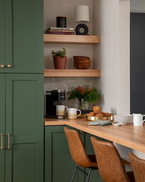 A coffee nook to love 😍 This little nook used to be part of a poorly designed 45 degree angled closet in this client's kitchen. And now look at her shine! Floating shelves help to visually lighten the corner space, but also provide a space for styling. And this lovely green hue (Basil SW 6194), from Sherwin-Williams is the perfect backdrop. Swipe to see the "Before"! If you need help reimagining a space in your home (or even your whole home!), reach out using the link in the bio and let'... Angled Closet, Corner Space, Coffee Nook, Sherwin Williams, A Coffee, Nook, Floating Shelves, And Now, Then And Now