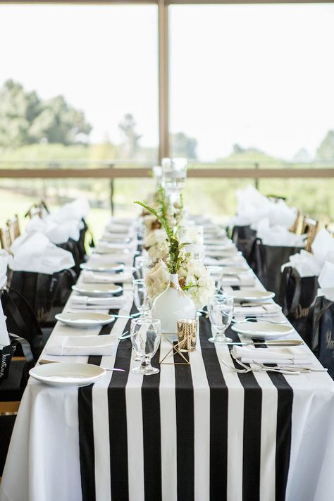 White Table Runner Wedding, Curtain Backdrop Wedding, Black And White Table Runner, White Stripes Wedding, Wedding Decorations Ideas, Football Wedding, White Reception, Holiday Dining Table, Home Interior Ideas