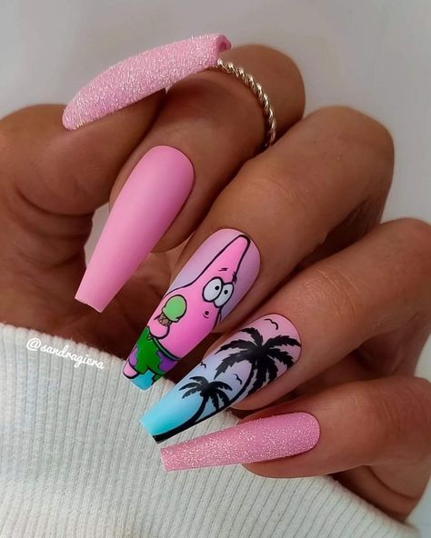 Spongebob Nail Art, Acrylic Nails For Summer, Beach Nail Ideas, Summer Beach Nails, 2022 Summer Nails, Spongebob Nails, Best Summer Nails, Cartoon Nail Designs, Classy Nail Art Ideas