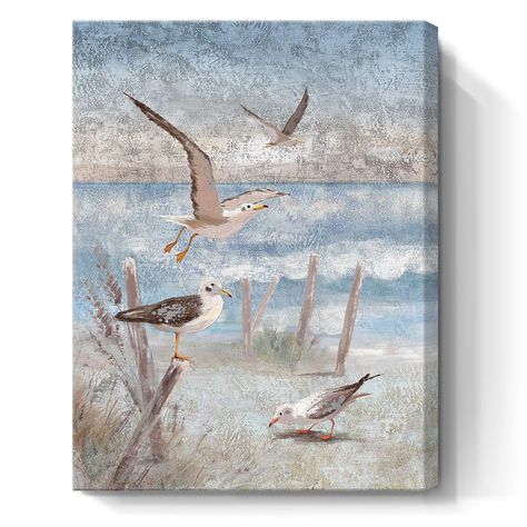 Bathroom Wall Decor Art, Bathroom Artwork, Beach Canvas Wall Art, Retro Kunst, Coastal Painting, Bedroom Artwork, Coastal Wall Decor, Bird Canvas, Sea Shore