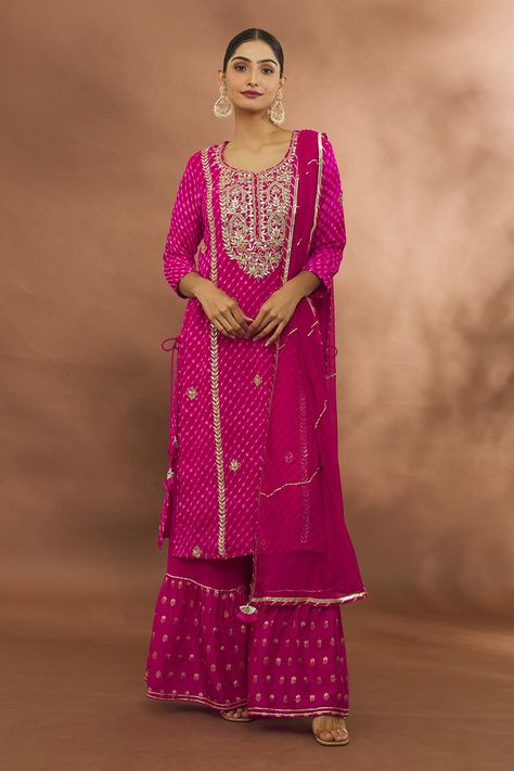 Shop for these amazing collections of Pink Kurta And Sharara Georgette Embroidered Leheriya Pattern & Gota Work Set For Women by Khwaab by Sanjana Lakhani online at Aza Fashions. Tassel Dupatta, Kurta And Sharara, Embroidered Sharara, Pink Kurta, Kurta Sharara, Georgette Dupatta, Gota Work, Sharara Set, Fashion App