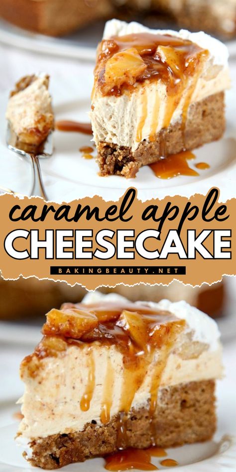 Savor the creamy goodness of this Caramel Apple Cheesecake, featuring a cinnamon blondie crust, cinnamon apples, and a decadent caramel drizzle. It’s a must-try for anyone indulging in simple fall desserts! Simple Fall Desserts, Easy Caramel Apple Cheesecake, Caramel Apple Cheesecake Recipes, Homemade Caramel Apple, Easy Pies, Apple Cheesecake Recipes, Cheesecake Tacos, Autumn Desserts, Salty Recipes