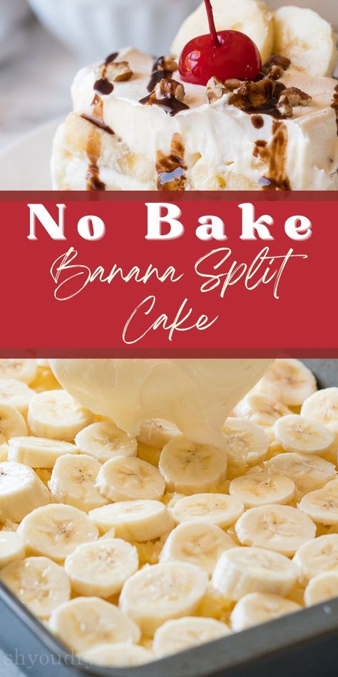 This No Bake Banana Split Cake is filled with layers of pineapple, banana and cheesecake for an easy and delicious dessert! Banana Split Cake With Pudding, Banana Split Icebox Cake, Banana Sundae Dessert, Banana Split Cheesecake Recipes, Banana Split Delight, Banana Split Dessert With Pudding, No Bake Banana Split Cake Recipe, No Bake Banana Split Cheesecake, Banana Pudding With Graham Crackers