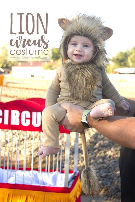 Make a LION Circus Costume | via www.makeit-loveit.com Family Of 3 Halloween Costumes, 3 Halloween Costumes, Lion Costume Diy, Lion Circus, Lion Tamer Costume, Diy Baby Halloween Costumes, Boys Halloween Costumes Diy, Lion Halloween Costume, Lion Halloween