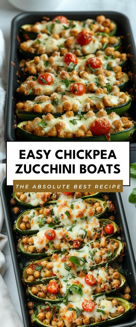 Image for Easy Chickpea Zucchini Boats Chickpea Zucchini Recipes, Zucchini Lunch Ideas, Zuchinis Recipe Dinner, Zucchini Boats Healthy, Zucchini Boats, Chickpea Recipes, Vegetarian Dinners, Light Dinner, Easy Dinners