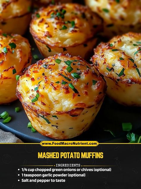 Quick Recipes - Mashed Potato Muffins

Ingredients:
2 cups... Potatoes Cooked In Muffin Tin, Mashed Potato Muffin Cups, Mash Potato Muffins, Mashed Potatoes Muffins, Potatoes In Cupcake Pan, Mashed Potato Muffins, Potatoes In Muffin Tin Recipe, Mashed Potato Cups, Stuffin Muffins