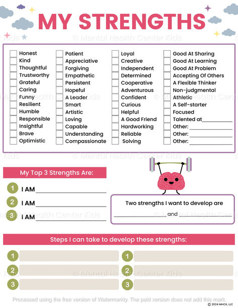 My Strengths Worksheet for Kids and Teens Strengths Worksheet, Personal Strengths, My Strengths, School Guidance Counselor, Coping Skills Activities, Counseling Worksheets, Self Care Worksheets, Mental Health Activities, Behavior Therapy