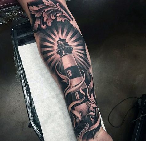 Great Lighthouse Tattoo Sleeve Ideas For Men Good Tattoo Ideas, Lighthouse Tattoos, Underarm Tattoo, Good Tattoo, Outer Forearm Tattoo, Masculine Tattoos, Inner Forearm Tattoo, Lighthouse Tattoo, Full Sleeve Tattoo Design