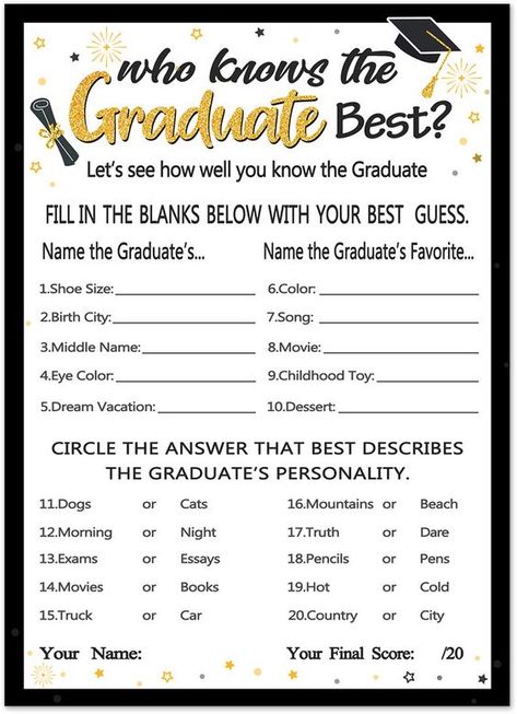 PRICES MAY VARY. 30 GAME CARDS: who knows the Grad best game for the graduates. Answer Sheet included for the graduate to fill out. EASY TO PLAY graduation party game: fill in the blank and multiple choice questions for friends to answer about the graduates. PREMIUM CARD STOCK: 5" x 7" who knows the graduates game cards are easy to write on with plenty of space for guests to write answers. FUN DESIGN: Double side print.Black and Gold grad party theme. Add to your set of graduation party games to University Graduation Games, Grad Theme Ideas, Grad Games Party Ideas, 8th Graduation Party Ideas, Graduation Party Decorations Ideas, Grad Party Activities, Highschool Graduation Party Ideas, Who Knows The Graduate Best, Grad Themes