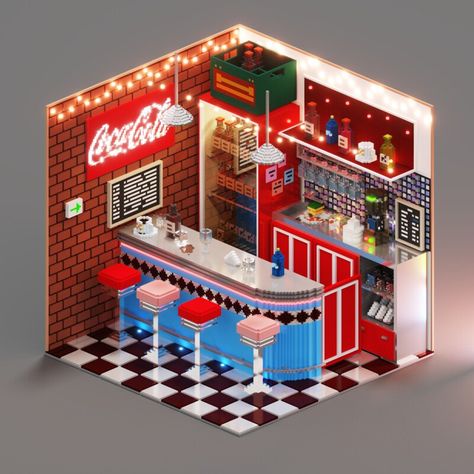 Retro Restaurant, Vintage Diner, Small Restaurant, Rumah Minecraft, Retro Bar, Retro Diner, Isometric Art, Isometric Design, Image 3d