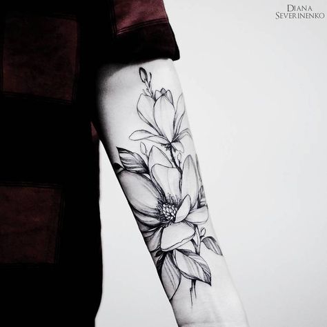 44 Beautiful Magnolia Tattoo Designs | TattooAdore Forarm Tattoos For Women, Nature Tattoo Sleeve Women, Magnolia Tattoo, Nature Tattoo Sleeve, Tattoo Trend, Forarm Tattoos, Floral Tattoo Design, Tattoo Arm, Sleeve Tattoos For Women