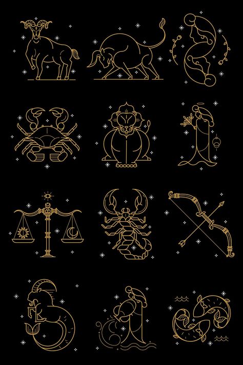 Gold zodiac sign set on a black background vector | premium image by rawpixel.com Astrology Sagittarius, Aquarius Aesthetic, Astrology Scorpio, Astrology Virgo, Zodiac Designs, Taurus Sign, Zodiac Aries, Astrology Art, Black Phone Wallpaper