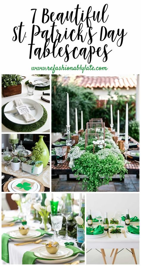 7 beautiful St. Patrick's Day tablescapes that are not only beautiful to look at but very festive! Grab your friends to celebrate this St. Patricks Day! | refashionablylate.com #stpatricksday #tablescapes #DIY #crafts #greendecor #stpatricksdaydecor #stpatricksdaydecorations St Patrick’s Day Dinner Party, Saint Patricks Day Decorations, St Patricks Day Decor, Irish Theme, Irish Party, St Patricks Day Food, Beautiful Tablescapes, St Patrick's Day Decorations, St Paddys