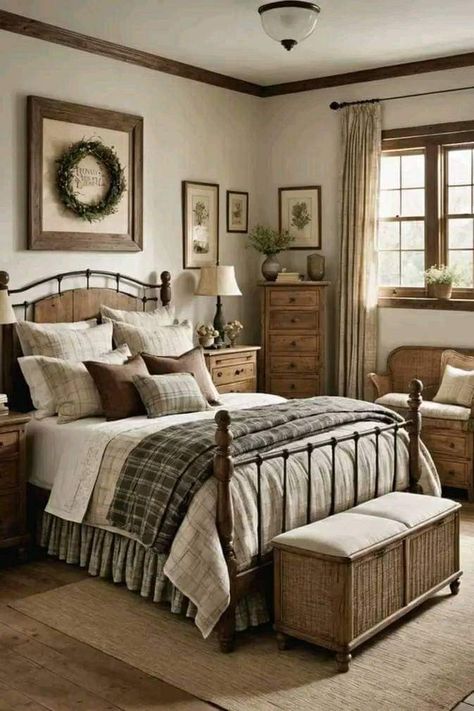 Farmhouse Themed Bedroom, Rustic Chic Farmhouse, Old Country Bedroom Ideas, Master Bedrooms French Country, Country Bedroom Ideas Farmhouse Rustic, Masculine Farmhouse Bedroom, Farmhouse Room Bedrooms, French Country Bedroom Decor Ideas, Cozy Bedroom Ideas Vintage